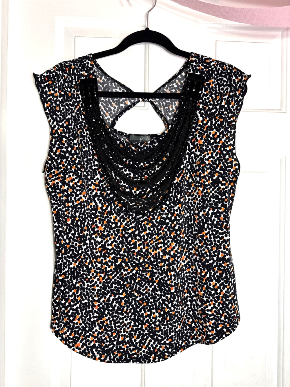 VTG JTB Womens Top Black/White/Orange Boho Indie Bead Neckline Halloween Glam L